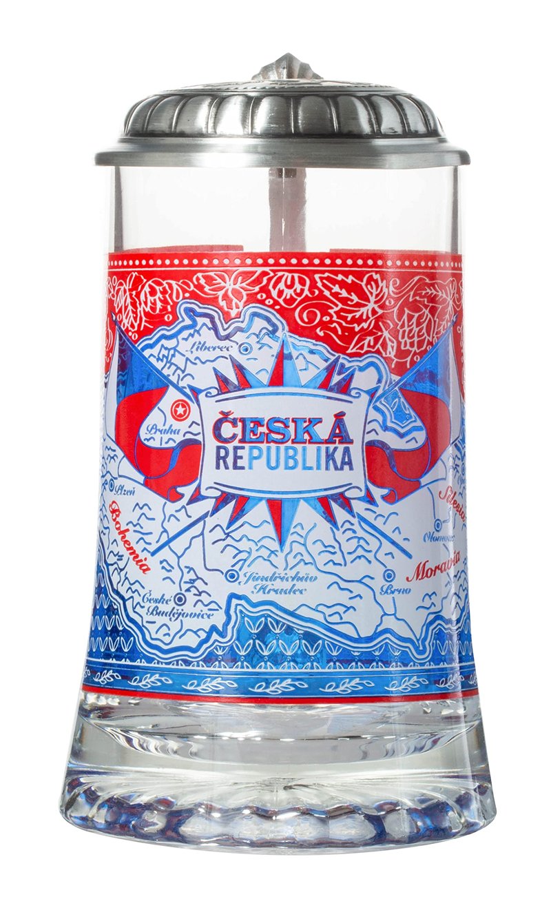 Czech Republik Heritage Flag & Map Glass Beer Stein with Metal Lid and Thumb Lift