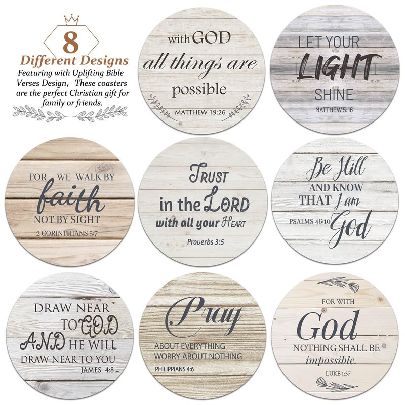 Billbotk Ceramic Coasters with Bible Verses, Christian Coasters Set of 8 with Holder, Absorbent Drink Coasters for Christian Gifts and Home Decor, 4 Inches