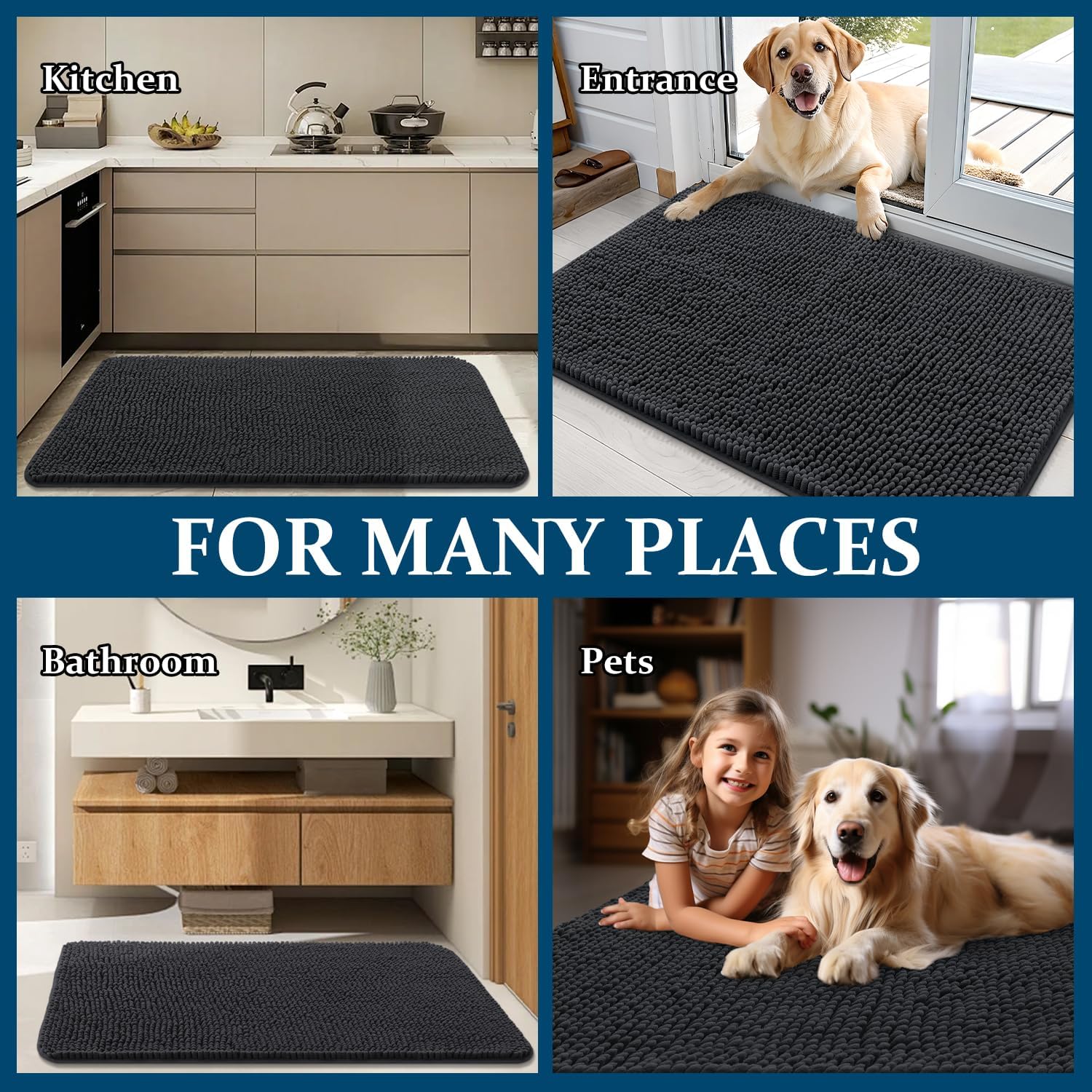OLANLY Dog Door Mat - Absorbent Non-Slip Chenille Doormat for Muddy Paws | 47x24 Dark Grey