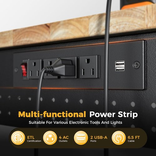CAMMOO Adjustable Heavy Duty Workbench - 2000 LBS Capacity Rubber Wood Table with Pegboard & Power Outlets | Ideal for Garage, Workshop, Office, Home