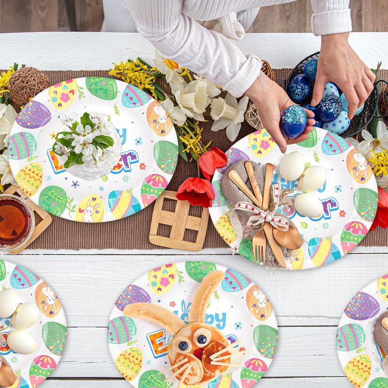 50 Count Easter Plates Heavy Duty, Large Disposable Easter Oval Paper Plates, 10" X 12.5" Happy Easter Platters Dinner Party Plate Pastel Eggs Dinnerware Tableware Spring Holiday Party Supplies