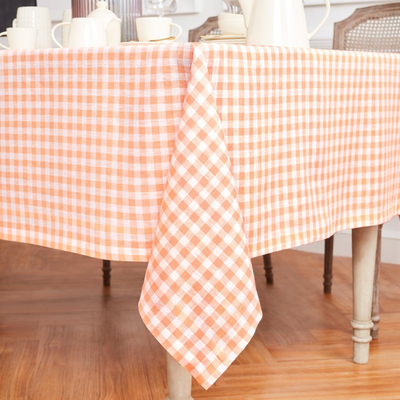 Solino Home Linen Gingham Tablecloth 60 x 90 Inch - 100% Pure Linen Checkered Sunny Orange Table Cloth for Rectangle Tables - Machine Washable Tablecloth for Spring, Summer, Mothers Day