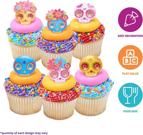 DecoPac Calavera Mask Cupcake Toppers - 24 Día de los Muertos Skull Rings for Parties & Celebrations