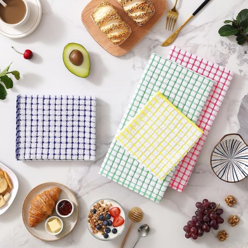 Homaxy Kitchen Towels Set - Super Soft & Absorbent Cotton Dishcloths | 8-Piece Set in Blue, Yellow, Red & Green