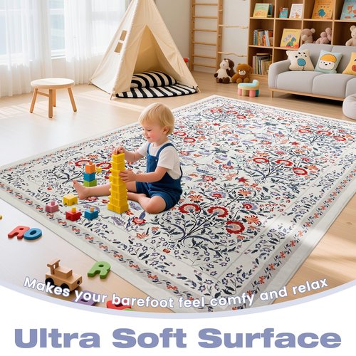 Area Rug Washable Rug Runner, 2X10 Hallway Runner Rugs for Bedroom Floral Boho Carpet Ultra-Thin Soft Kitchen Mats for Floor, Non-Slip Stain Rugs for Living Room, Entryway, Kitchen, Beige and Red