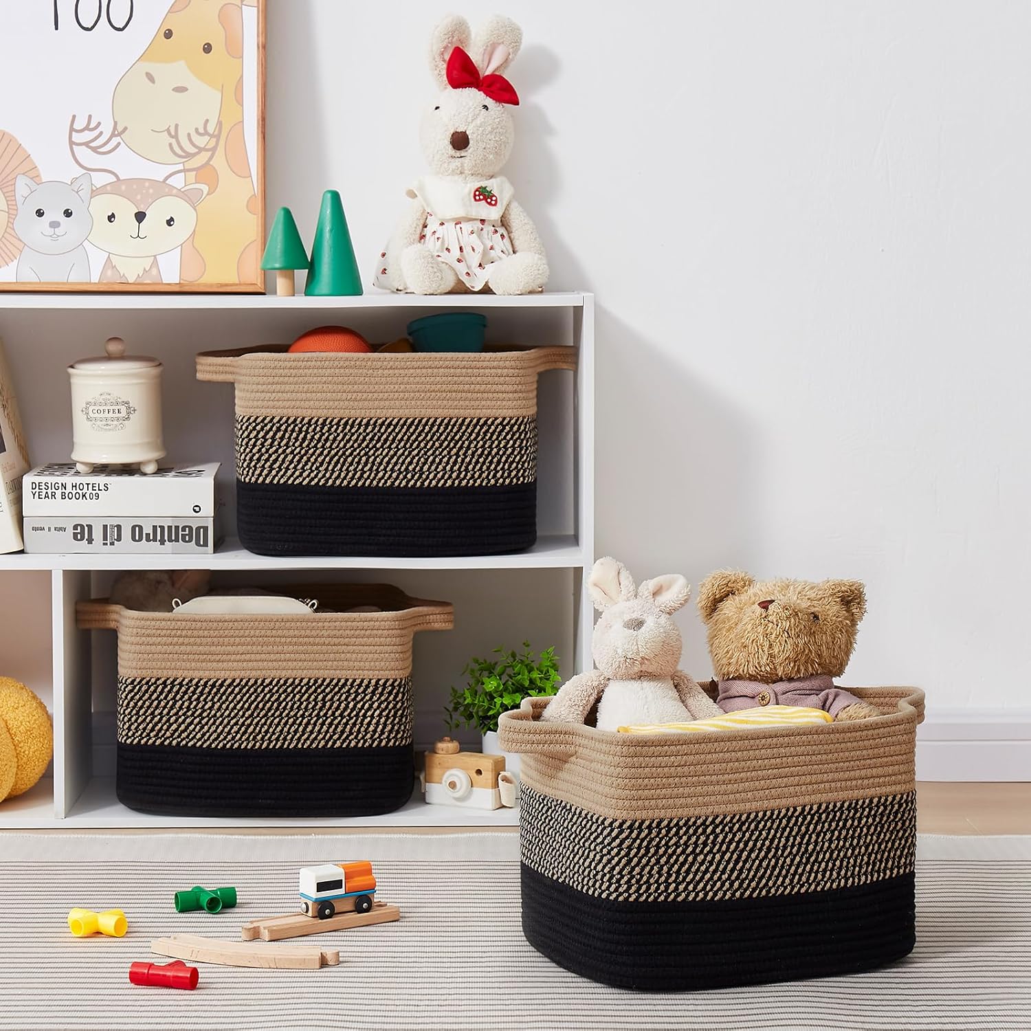 OIASKET Storage Baskets - Woven Organizing Bins for Toys & Books | Pack of 3 (Black & Brown, 13"x9.85"x8.7")