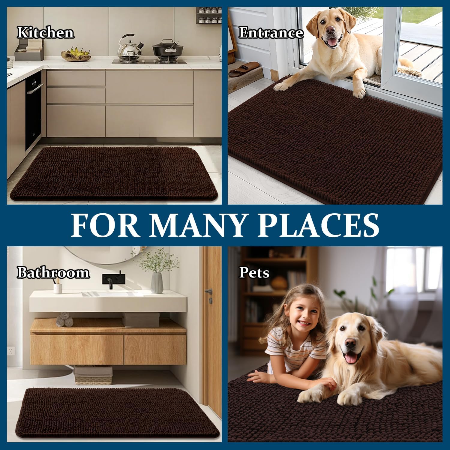 OLANLY Dog Door Mat - Absorbent Non-Slip Chenille for Muddy Paws | 70x24 Inches, Quick Dry, Brown