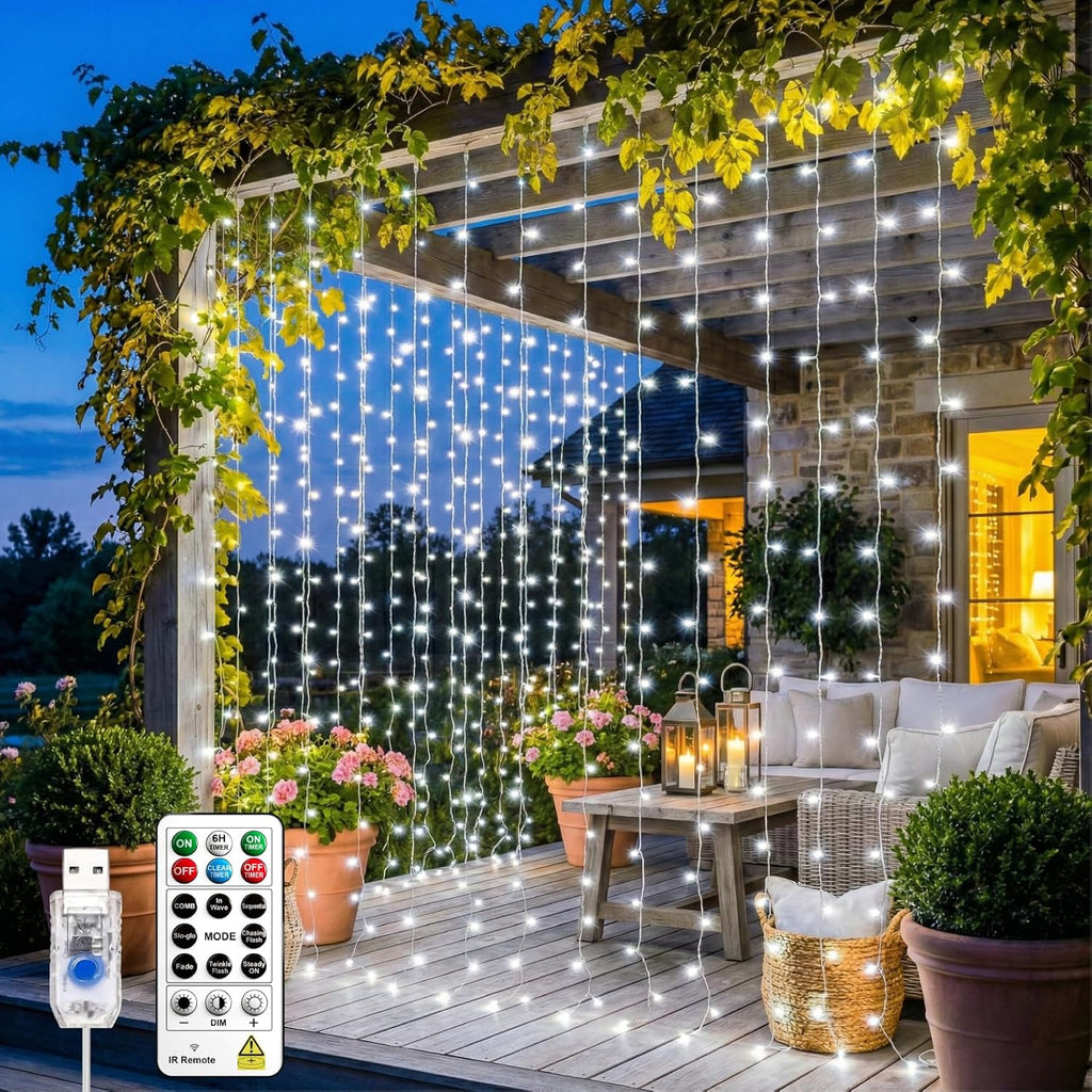 Skiennix 200LED Curtain Light - 6.6x6.6ft White Fairy String Lights with 8 Modes Remote for Indoor Decor