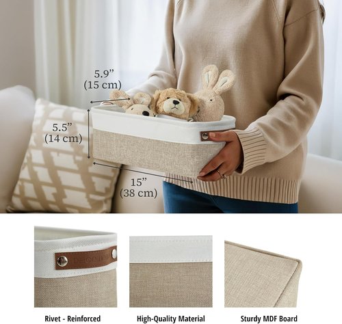 DECOMOMO Narrow Storage Bins - Small Organizing Baskets for Bathroom & Entryway | Beige & White - Set of 4