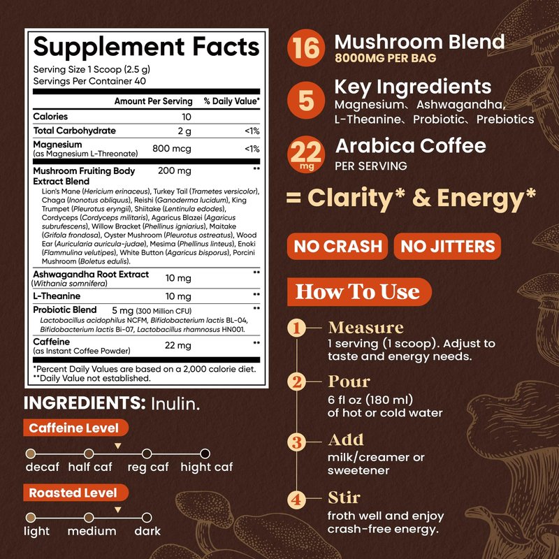 Fidus 16 in 1 Mushroom Coffee with 8000mg Adaptogenic Mushrooms with Ashwagandha, Probiotic, Magnesium and Lion's Mane Instant Mushroom Coffee for Focus, Energy, Immunity & Digestion, 40 Servings