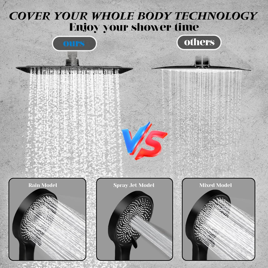 Skiennix 10” Rain Shower Head - High Pressure Handheld Spray Combo with Adjustable Arm | Matt Black