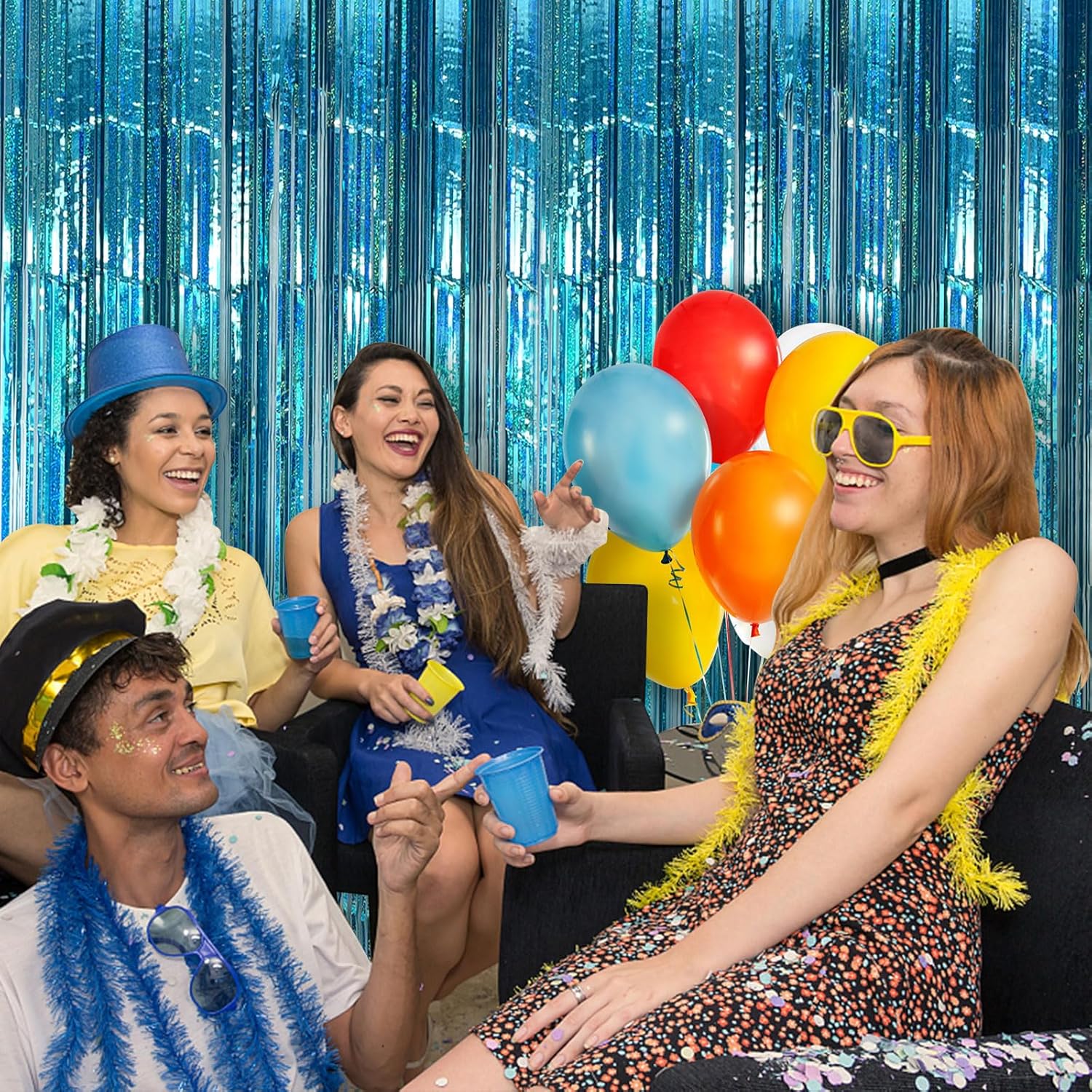 Skiennix 2-Pack Blue Party Backdrop Curtains - Metallic Tinsel Foil Fringe for Ocean-Themed Decor