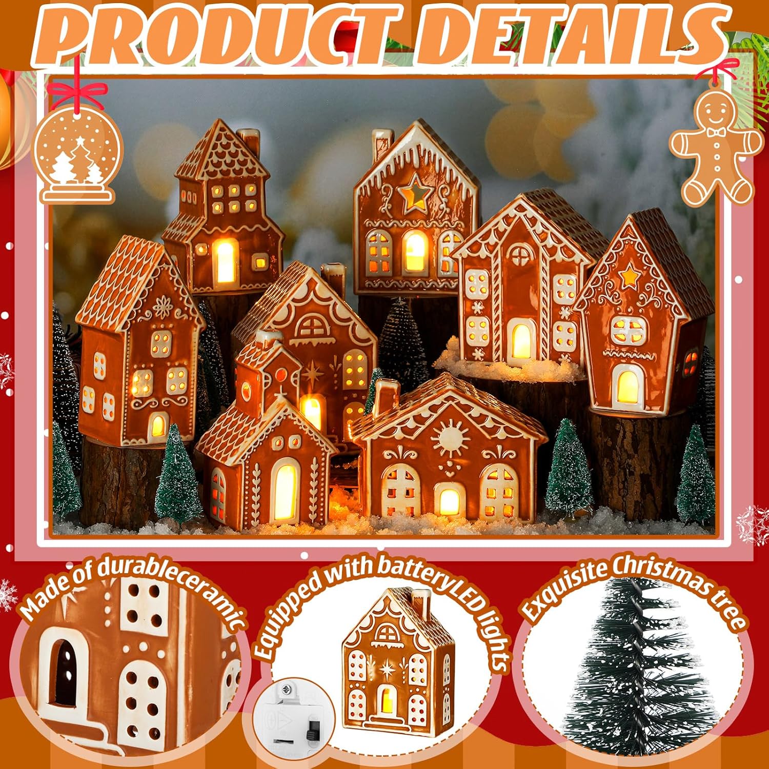 WILLBOND LED Gingerbread Christmas Village Set - 29 PCS Lighted Ceramic Houses & Trees with Remote Control