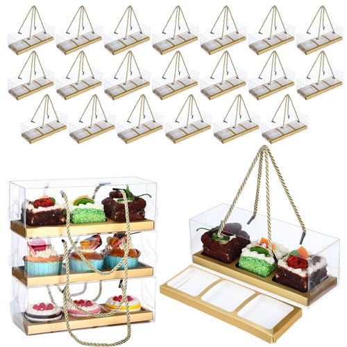 Chiisong 24 Pcs Clear Cupcake Boxes 9 x 3 x 3 Inch Portable Pastry Packaging Portable Gable Boxes with Rope Handle, Inserts 3 Compartments Bakery Take out Containers(Gold)