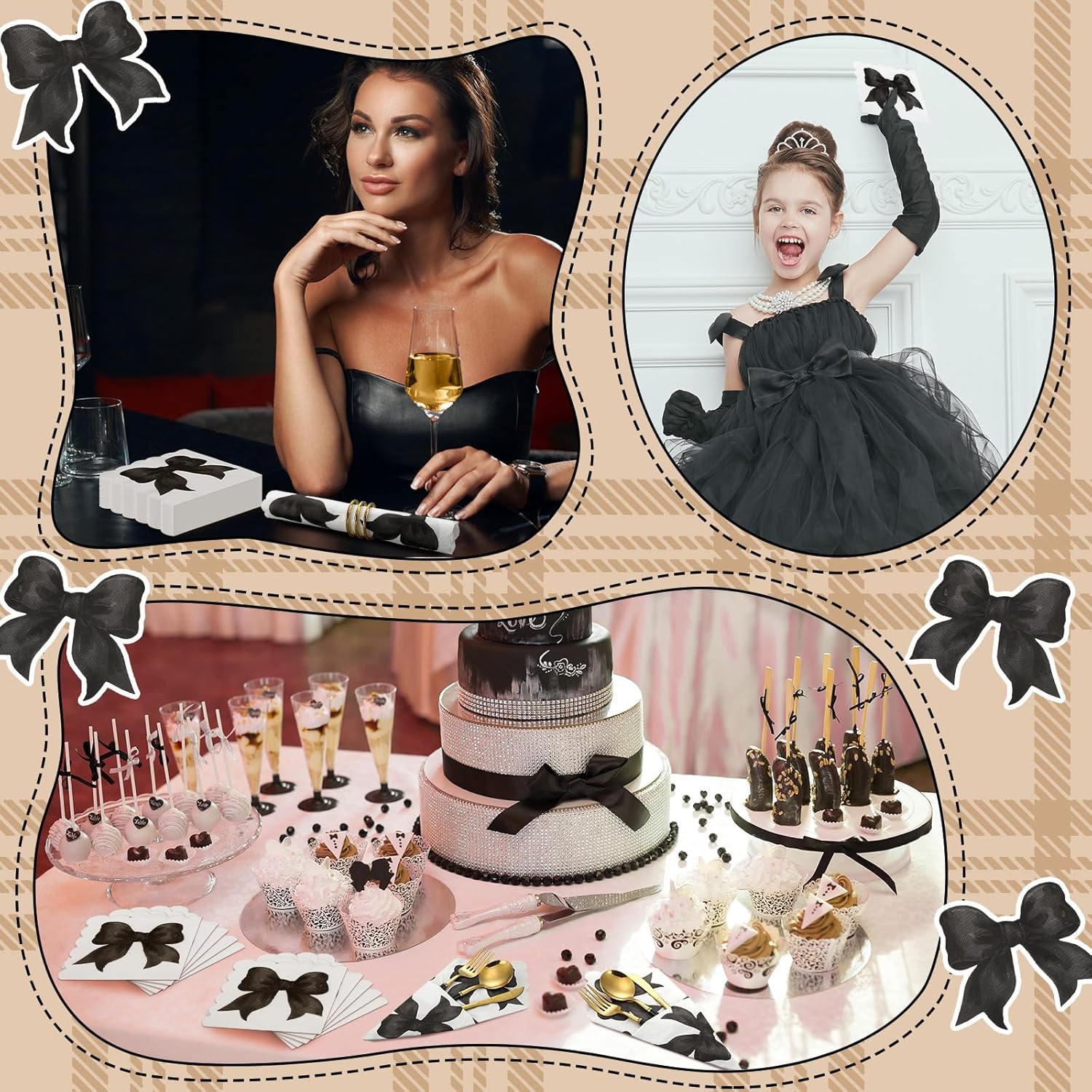 Skyygemm Black Bow Napkins - 150 Pcs Disposable Paper for Bachelorette & Bridal Showers | Coquette Theme Party Decor