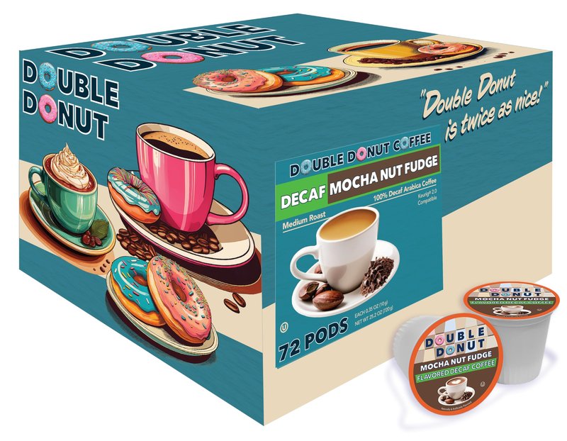 Double Donut Coffee Medium Roast Decaf Coffee Pods, Mocha Nut Fudge Flavored, for Keurig K-Cup Machines, 72 Single-Serve Capsules per Box