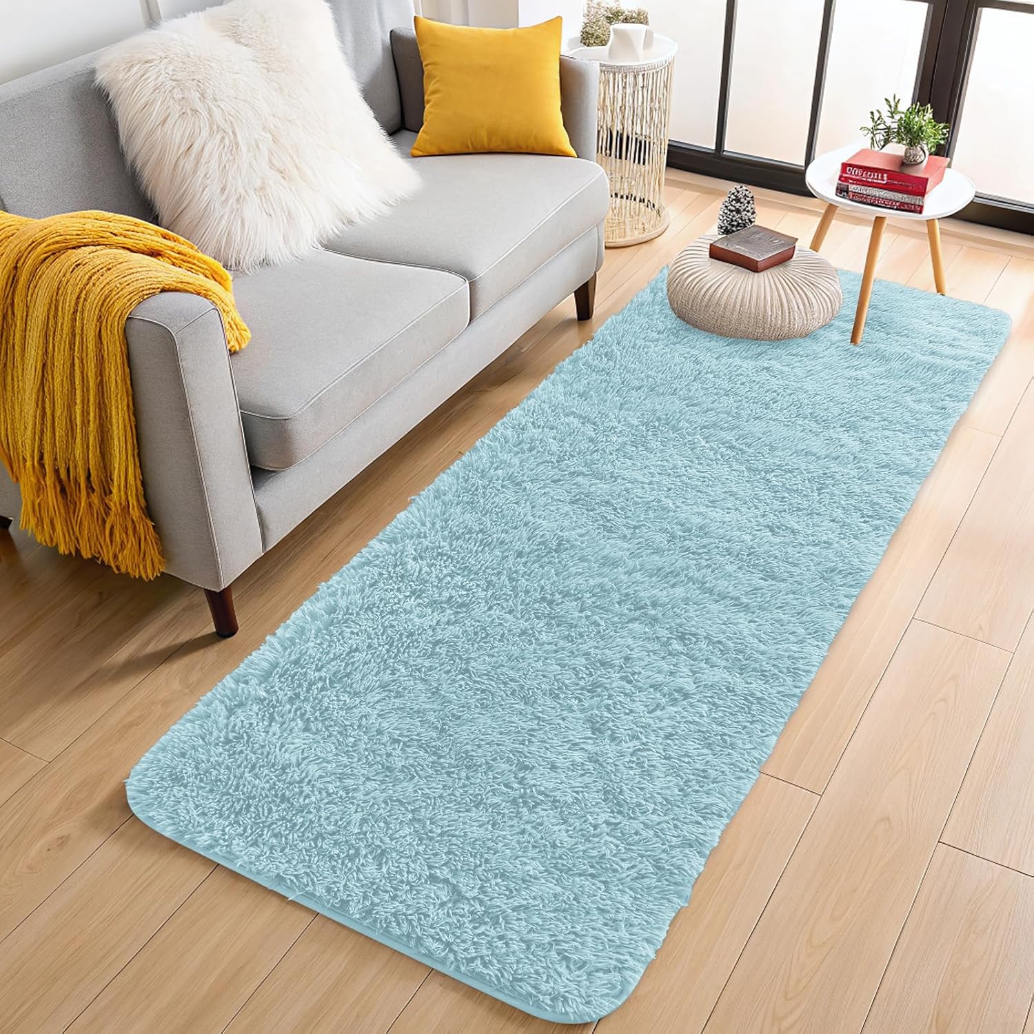 OLANLY Runner Rugs - Soft Fluffy Machine Washable Shaggy Carpet for Bedroom & Hallway | Light Blue 2x6