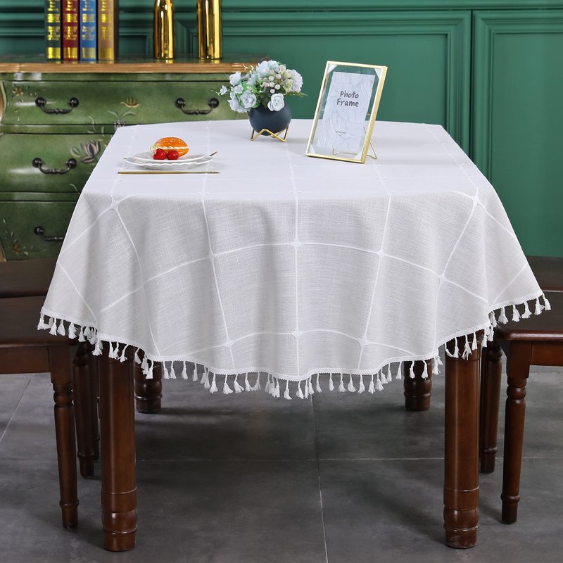 Farmhouse Checkered Embroidery Lattice Oval Tablecloth with Tassel Heavy Duty Rustic Fabric Table Cover Wrinkle Resistant Washable Kitchen Dining Party Wedding Decoration 60 x 84 Inch