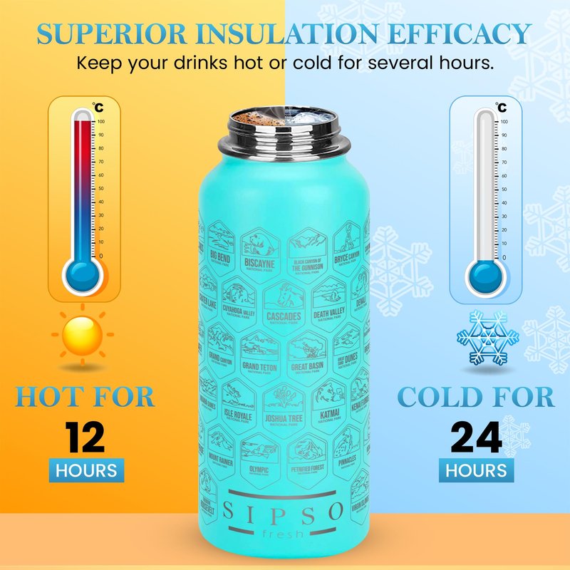 SIPSO fresh Hiking Gift Water Bottle – 32 oz Vacuum Insulated Stainless Steel National Park Water Bottle | 63 Waterproof Stickers & Premium Gift Box | Camping & Outdoor Adventure Gifts (Turquoise)