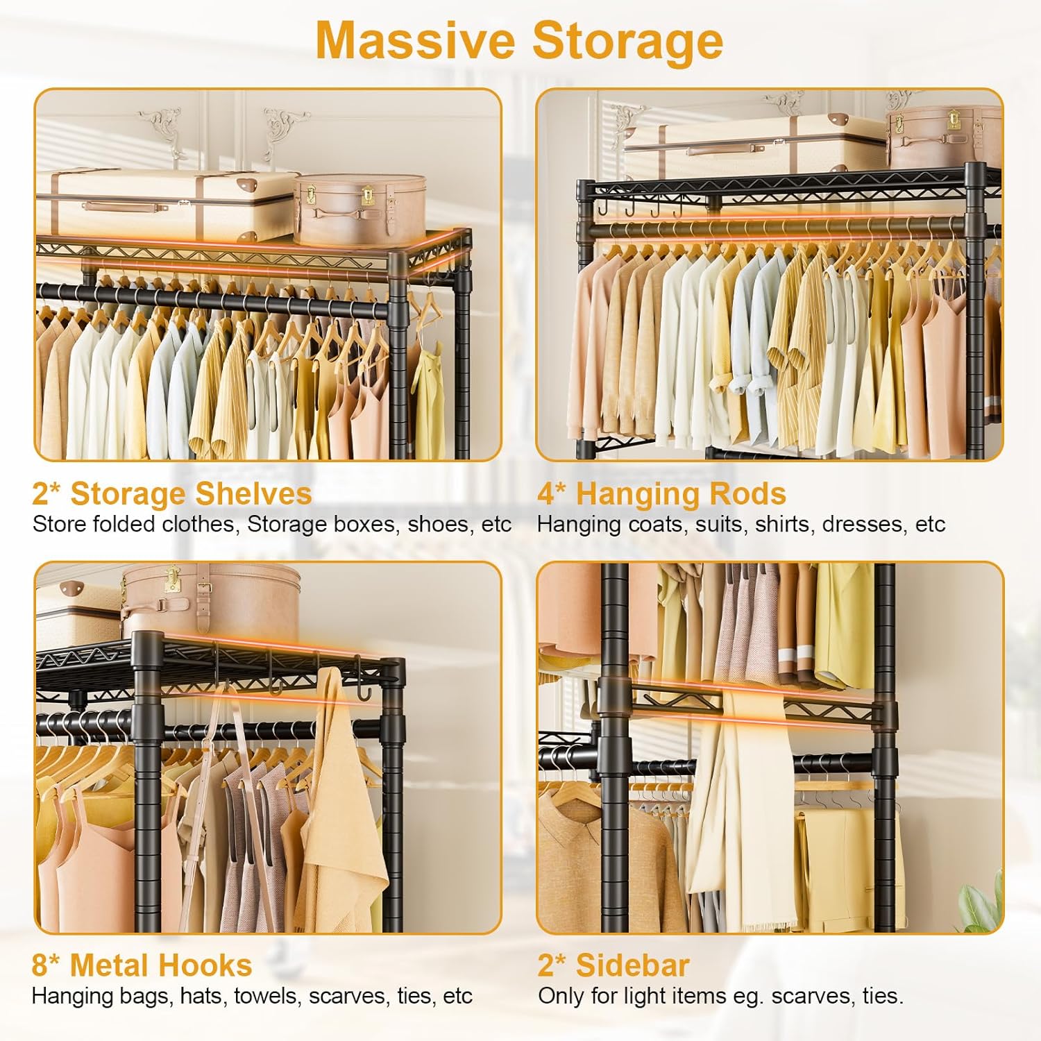 ULIFHOME Heavy Duty Rolling Clothes Rack - Portable Garment Rack with Wheels | 45''W x 20.5''D x 80.5''H, Max Load 570 Lbs, Black
