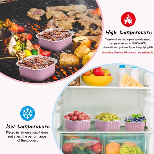 CXIIPOL 60 Pack Mini Square Cake Pans with lids and Spoons, 5 OZ Pink Disposable Ramekins Cake Pans, 3.5x3.5 Inch Aluminum Foil Baking Cups for Mother's Day, New Year, Anniversaries, Birthdays