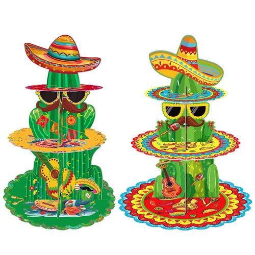 KatchOn, 2Pcs Fiesta Cupcake Stand – 3 Tier Cactus Cupcake Holder for Summer, Taco Party, Cinco de Mayo, Tropical Theme, Mexican Birthday, Fiesta Decorations, Cactus Party Supplies