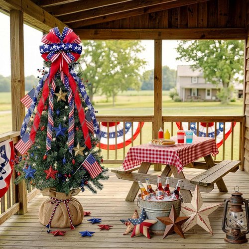 Large 4th of July Tree Topper Bow - Pre-Tied Patriotic Ribbon 52x13 Inch for Wreaths & Decor | Red, Blue, White