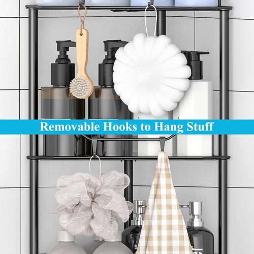 HuggieGems Corner Shower Caddy Organizer - 4 Tier Floor Standing Rack with Hooks | Black Finish