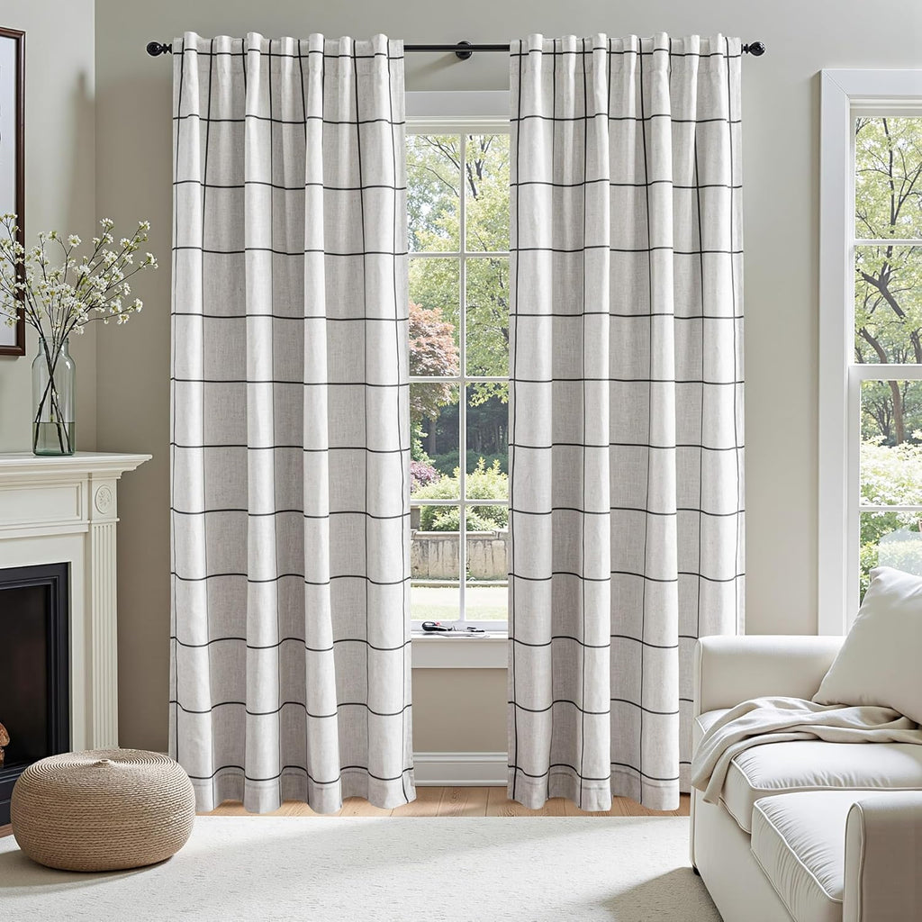 MYSKY HOME 100% Blackout Linen Curtains - 84 Inch Thermal Insulated Drapes | Black Plaid, 52" W, 1 Panel
