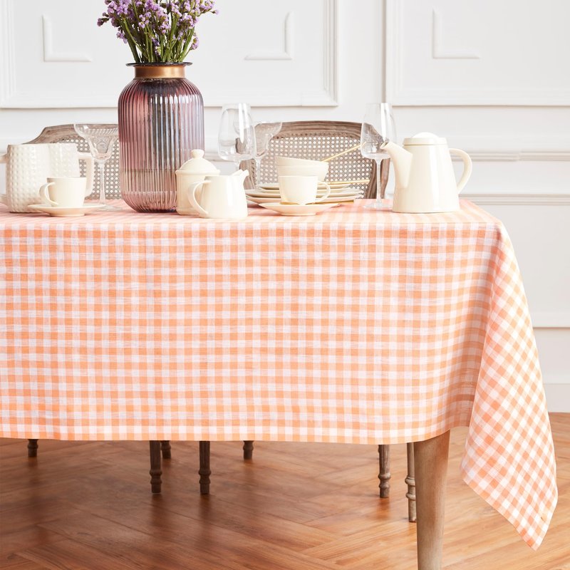 Solino Home Linen Gingham Tablecloth 60 x 90 Inch - 100% Pure Linen Checkered Sunny Orange Table Cloth for Rectangle Tables - Machine Washable Tablecloth for Spring, Summer, Mothers Day
