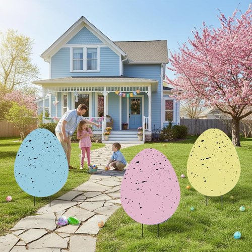DoubleFill 3 Pcs Easter Decorations - 3D Metal Tulip & Bunny Garden Stakes for Spring Lawn Decor