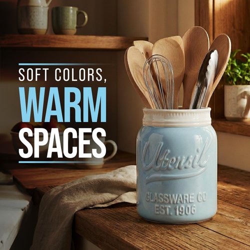 Comfify Wide Mouth Mason Jar Utensil Holder Decorative Kitchenware Organizer Crock, Dishwasher Safe - Kitchen Caddy Aqua Blue for Countertop, Large Size 7" Hight