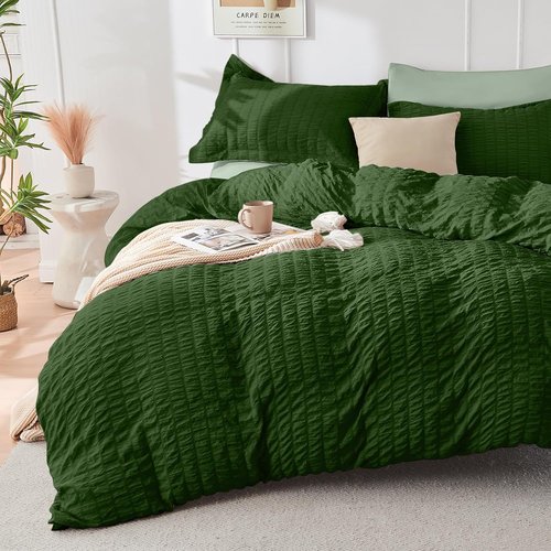 HYMOKEGE Full Size Comforter Set - Luxury 7-Piece Seersucker Bedding in Dark Green/Sage Green
