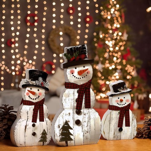 Barydat Christmas Snowman Wooden Decorations - Rustic Table Centerpieces for Holiday Decor | 3 Pcs Set