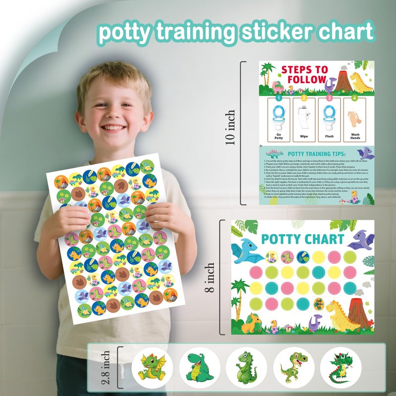 Potty Training Chart with Dinosaur Reward Stickers & Reusable Magic Color-Changing Stickers for Boys - Interactive Toilet Training Chart with Reward Chart for Kids (Dinosaur)