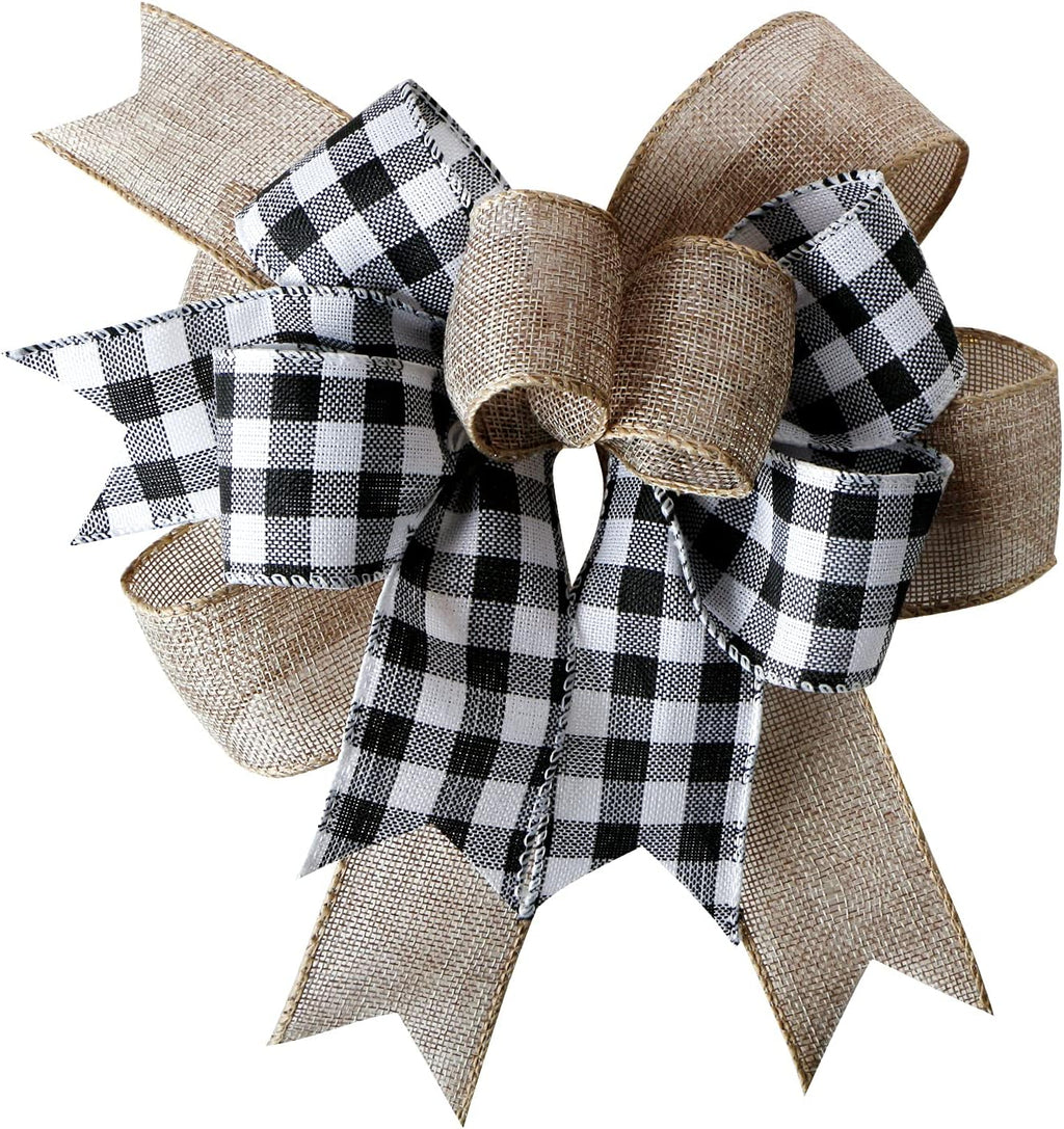 SIMISI RIBBON Christmas Buffalo Plaid Bow - Black & White Burlap Wreath Decor (9.5 x 13 Inch)