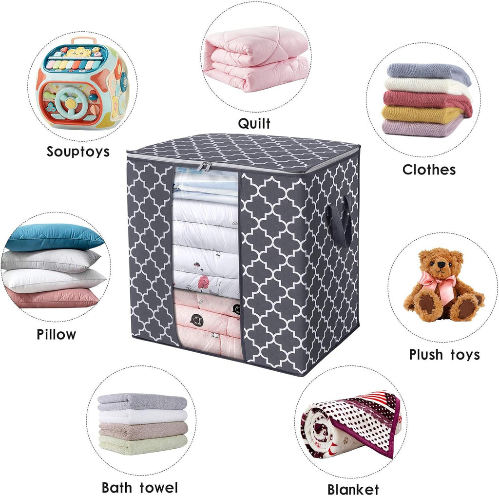 WISELIFE Storage Bags - 4 Pack 100L Large Blanket & Clothes Organizers | Foldable with Clear Window & Sturdy Zippers, Gray