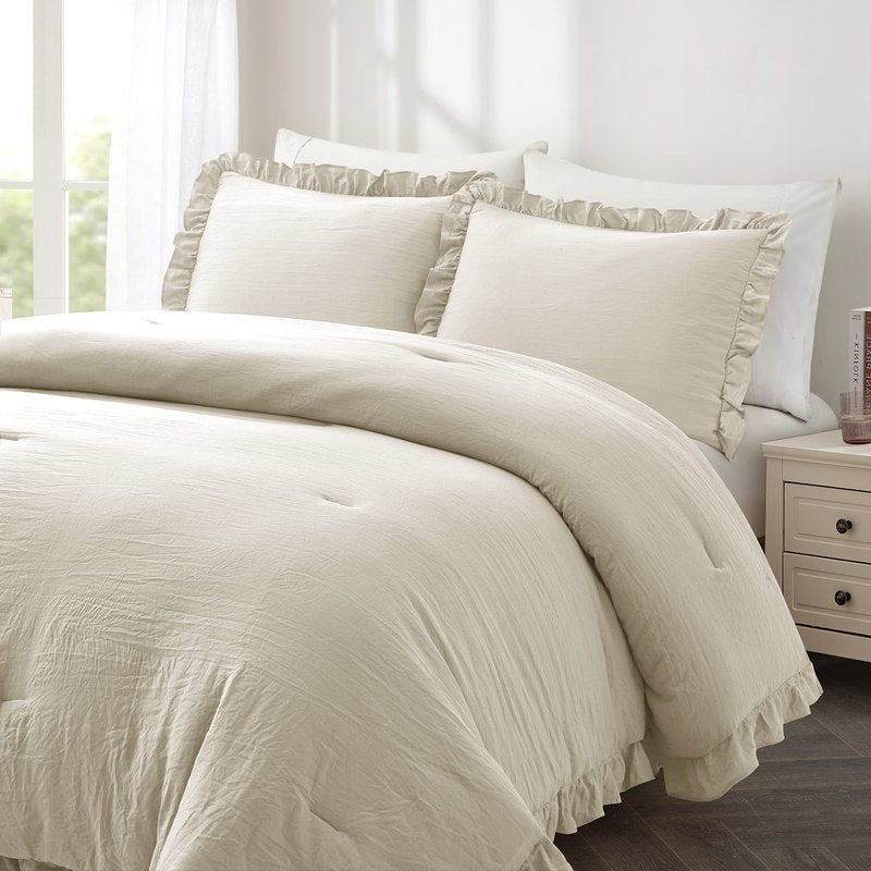 Bonlino Bedding Comforter Set Queen - 3 Pieces Farmhouse Comforter Ruffle Boho Bed Comforter, Fluffy Soft Lightweight Bedding Chic Rustic Country Style for Home Bedroom Dorm (Queen, Wheat)