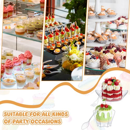 Tessco 400 Pcs Mini Dessert Plates Set 200 Clear Disposable Mini Appetizer Plates Plastic Tray 100 small Appetizer Forks 100 Tasting Spoons for Wedding Birthday Party(Oval, Flower Style)