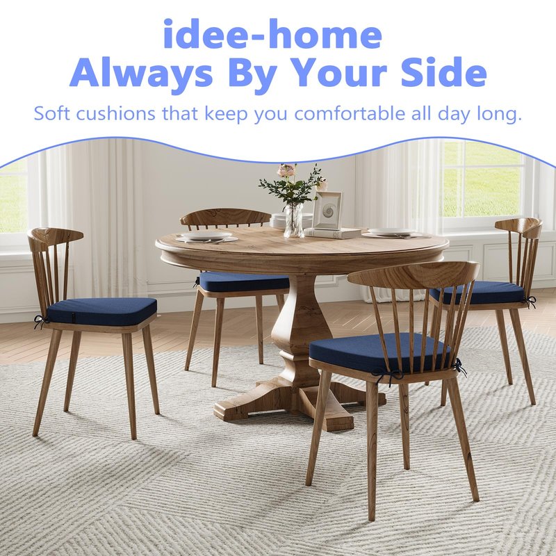 idee-home Chair Cushions for Dining Chairs, Kitchen Chair Pads Set of 6, U-Shaped Seat Cushions with Ties Non-Slip Bottom for Indoor Dining Room, Removable Cover, 17" x 16" x 2" Navy