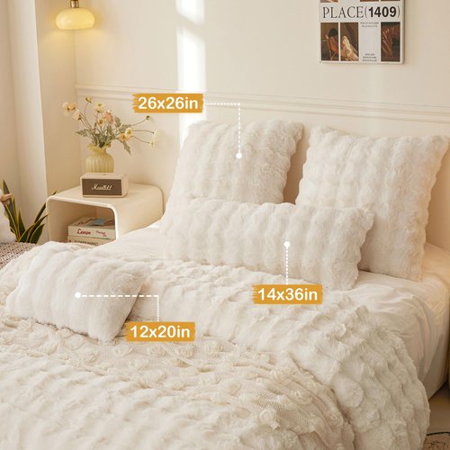 LIFEREVO Fluffy Faux Rabbit Fur Long Lumbar Decorative Throw Pillow Cover, Plush Shaggy 14x36 Bubble Waffle Cushion Pillow Sham with Zipper, Furry Fuzzy Pillowcase for Home Bed Couch Sofa, Beige