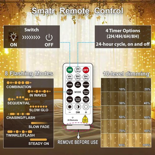 HXWEIYE 300LED Fairy Curtain Lights - 9.8x9.8Ft USB Plug-In with 8 Modes & Remote - Warm White | 2 Pack for Indoor Decor