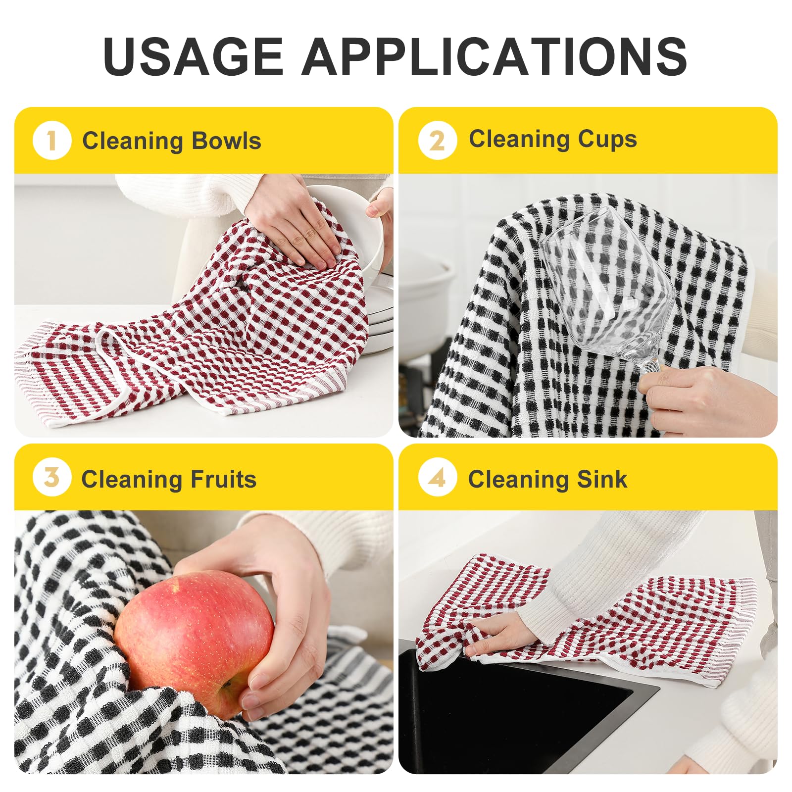 SALAS Cotton Dish Towels Cloths for Kitchen Drying Dishes, Lattice Terry Kitchen Towels, Absorbent Cloths with Hanging Loop, 16‘’ x 26‘’, 4 Packs, Wine Red and Black