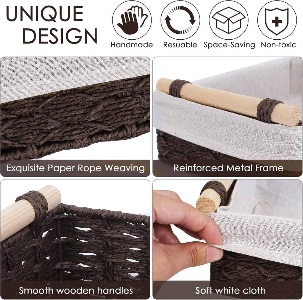 Wicker Storage Basket - Decorative Paper Rope Organizer with Wooden Handle | 2-Pack, Brown for Home & Office