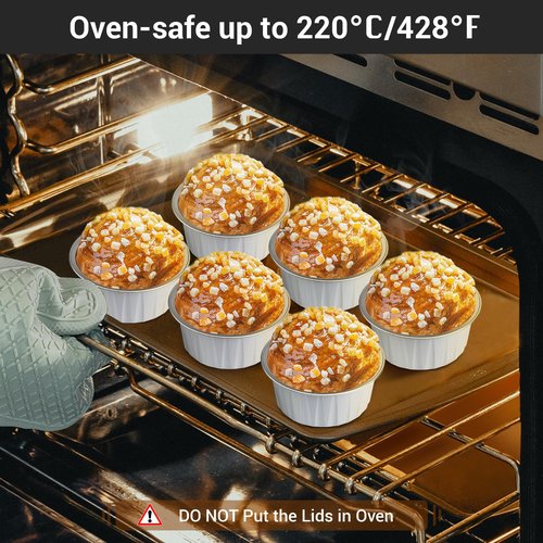 EUSOAR Cupcake Cups with Lids, 5oz 50pcs Disposable Desserts Flan, 3.34x2.59x2.35" Baking Cups with Lids, Aluminum Foil Desserts Cupcake Flan, Catering Gathering Shower Favor-White