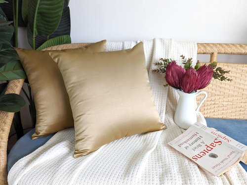 AVKA Studio Heavy Quality Satin Throw Pillow Covers - Dark Beige - Set of 2-16x16 Decorative Pillow Covers - with Lining and Zipper Closure - Faux Silk Luxury Toss Pillows for Couch Sofa - No Insert