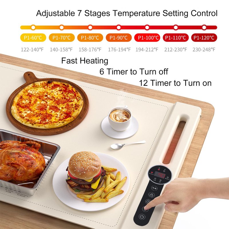 RawecuDex Food Warming Mat 2025, Thicken Fast Heating Silicone Electric Warming Tray, 2 Heating Areas, 7 Level Temperature and 6 Timer, Food Heating Mat for Countertop Parties Home Travel