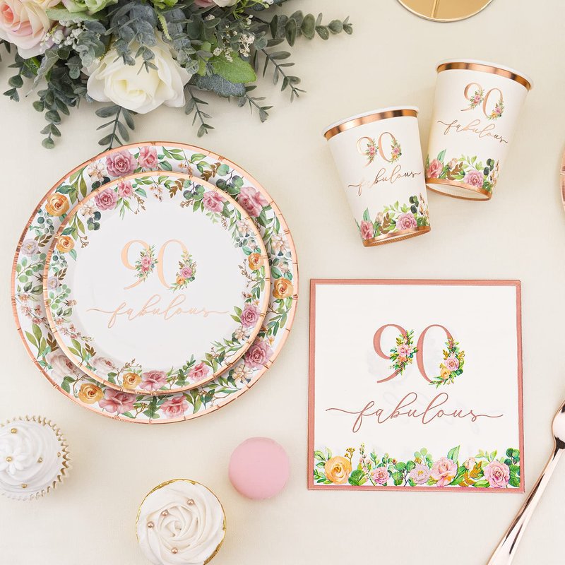 Crisky 90th Birthday Napkins and Plates for Women Rose Gold Floral Party Decoration, 90 and Fabulous Plates and Napkins for Women 90th Birthday.