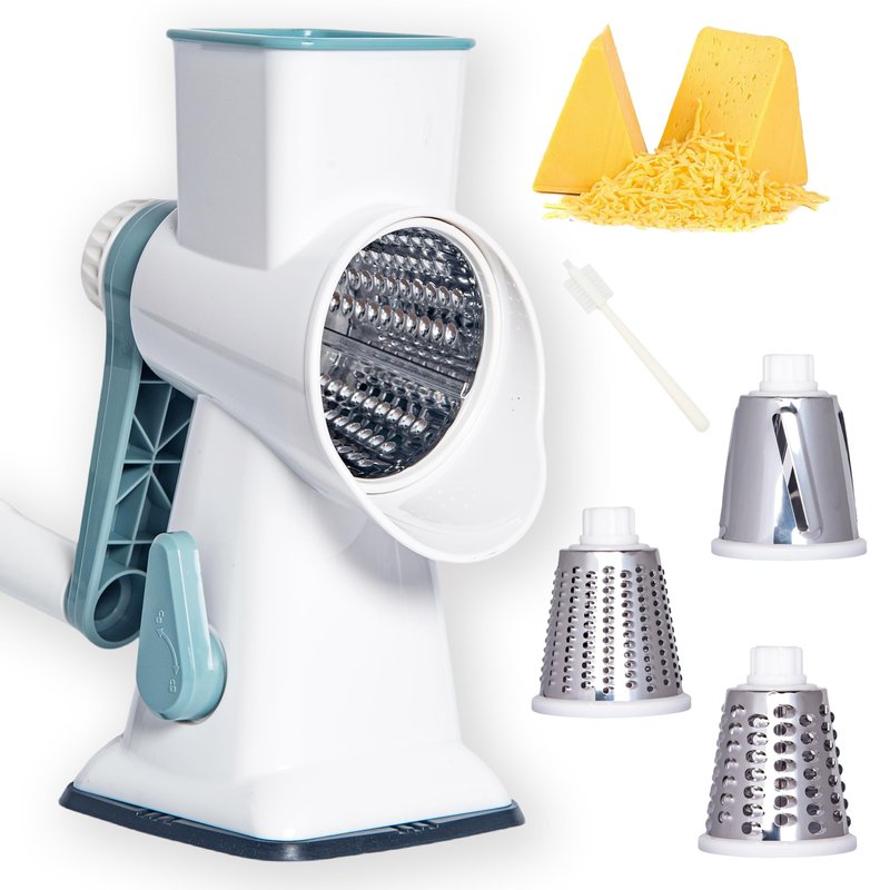 White Rotary Cheese Grater with Suction Base, Hand Crank Cheese Grater for Hard Cheese, Vegetables，Nuts, 3 Stainless Steel Drum Blades, Easy Clean Kitchen Gadget