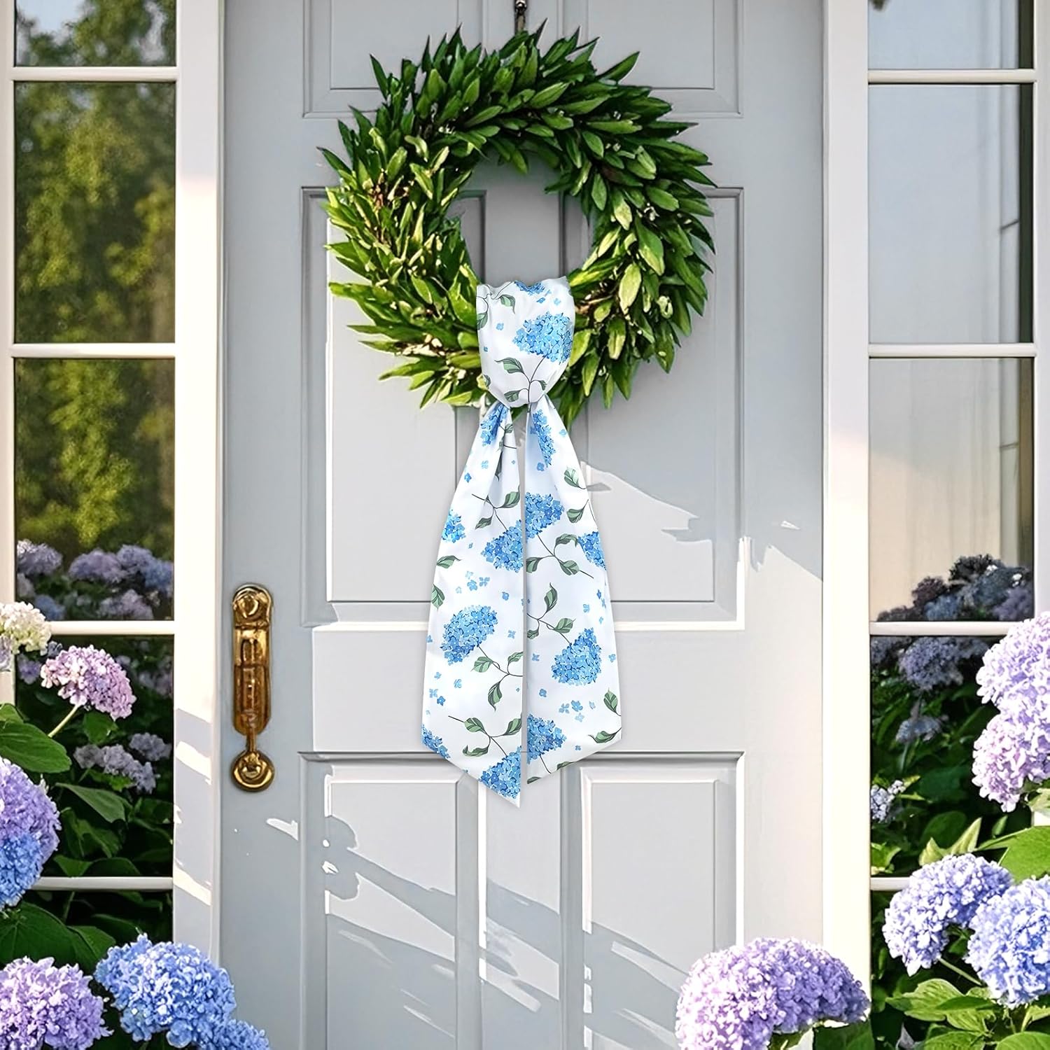 Skiennix Wreath Sash - Decorative Boxwood Sash for Indoor/Outdoor Decor | 4.7'' x 57'' (Blue & Green Floral)
